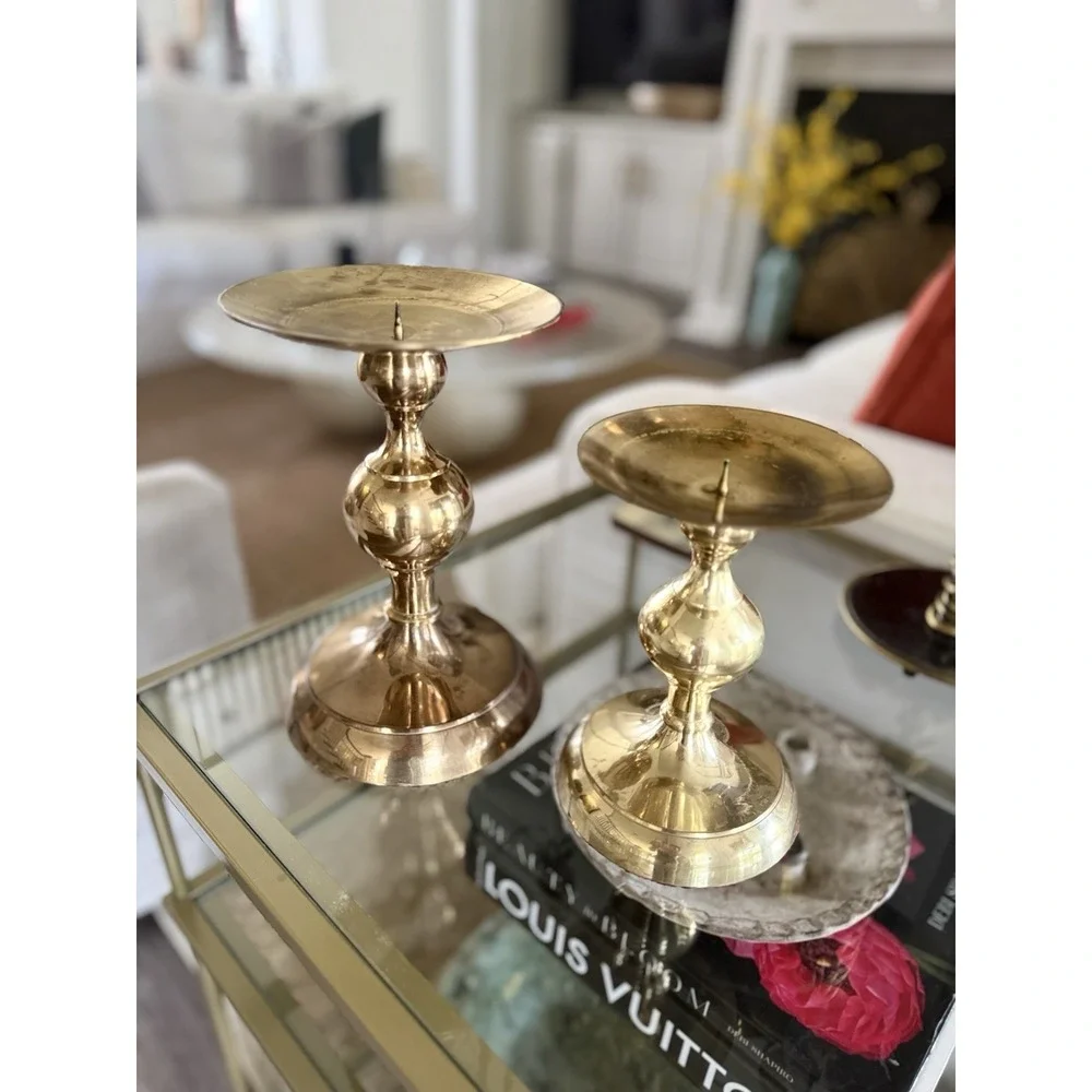 Vintage Solid Brass Bulb Pillar Candle Holders Pair Graduated Hollywood Regency
